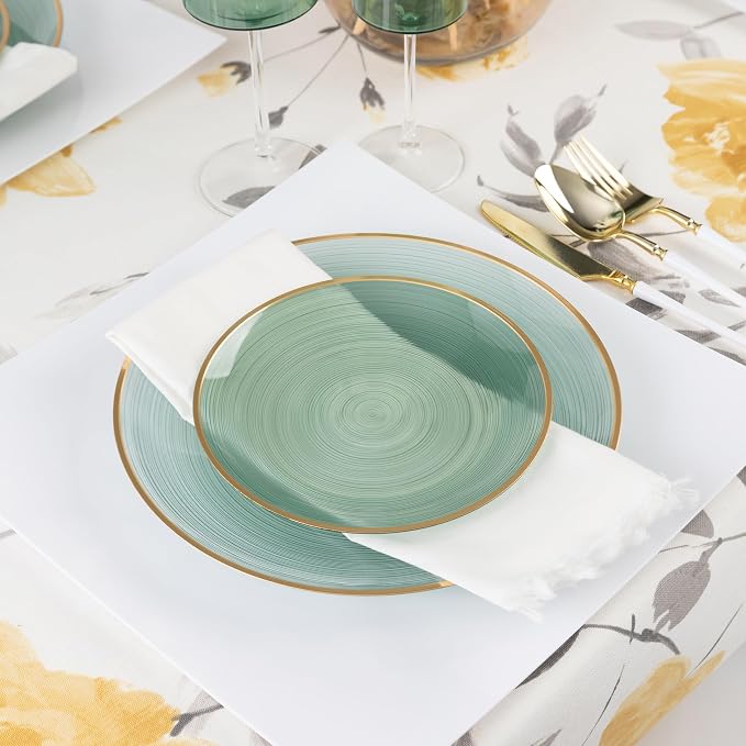 PLASTICPRO 128 Pieces Crystal Design Plastic Plates Combo Pack 7 inch and 10 inch Gold Rim Elegant Disposable Plates, Transparent Green
