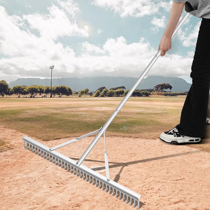 Qinyoung Aluminum Maintenance Rake 36 Inch Baseball Field Garden Landscape Rake with 66''-98'' Adjustable Handle for Yard Lawns Lake Weed Care Gardening Loosening Soil