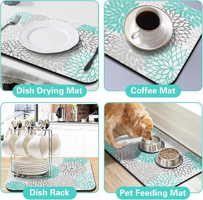 Dish Drying Mat for Kitchen Counter Matt, 2PCS 31.5"x17" Dish Drainer Mat & 24"x5.5" Sink Splash Guard, Super Absorbent Non-slip Rubber Backed