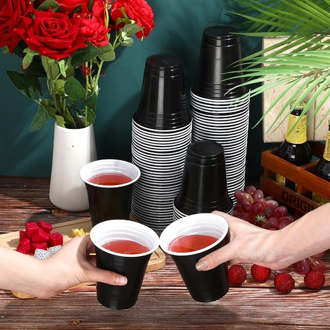 Sabary 100 Pack 12oz Plastic Cups Black Graduation Heavy Duty Drinking Disposable Cups with Lines for Beverage Holiday Camping Barbecues Birthday Party Summer Outdoor Picnic(Black and White)