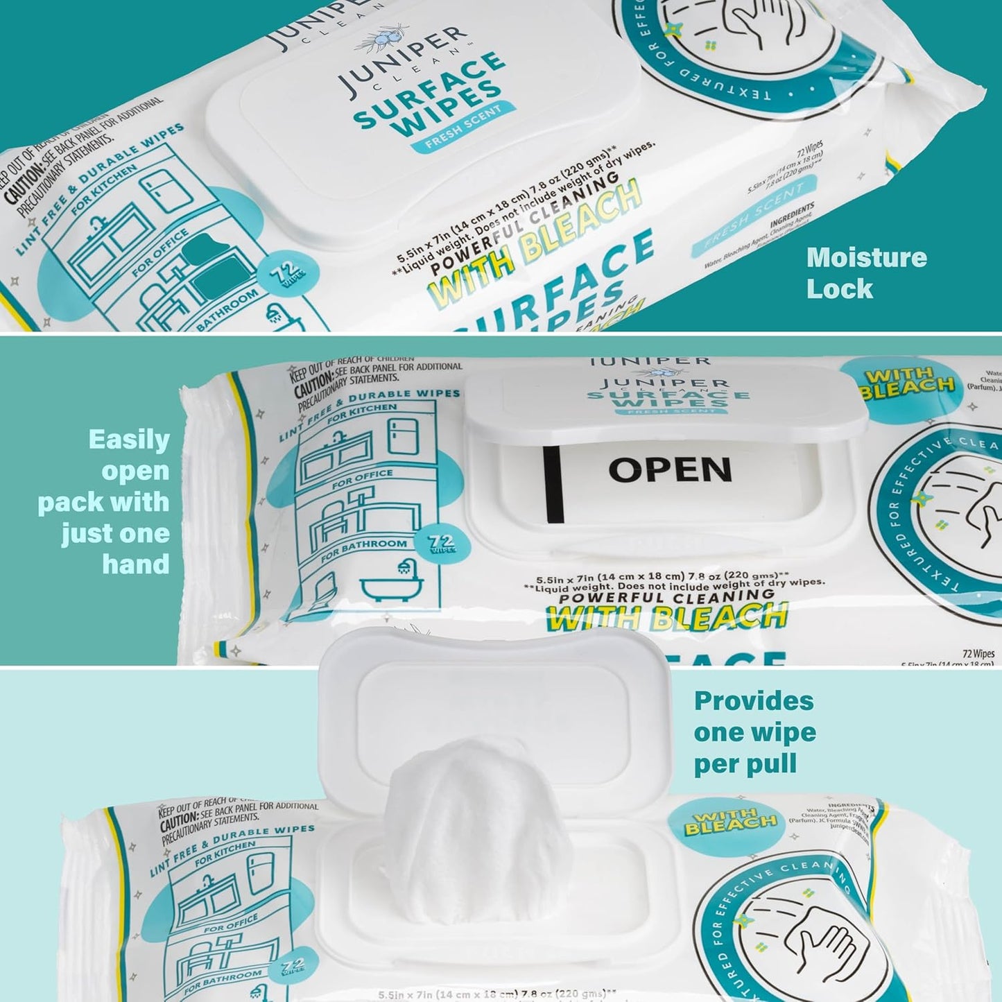 6 Pack Surface Cleaning Wipes with Bleach, All-Purpose Cleaner for Bathroom, Kitchen, Office, 72 Count Soft Flow, Fresh Scent, Lint Free & Durable