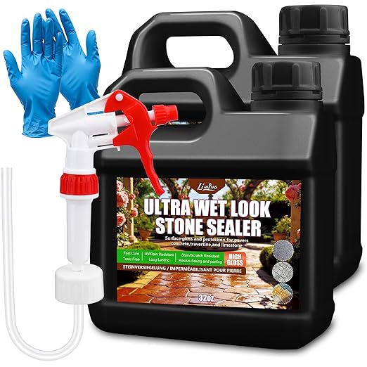 Wet Look Stone Sealer - 64oz Ultra Gloss Paver Sealer Stone Color Enhancer Concrete Sealer with Long-Lasting Gloss Protection, Stain Proof for Interior and Exterior Slate, Driveway, Floor, Standstone
