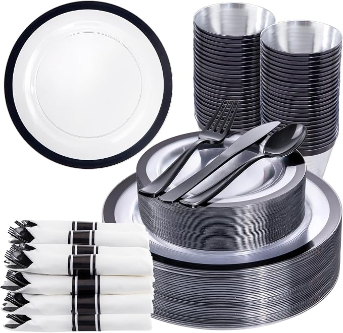 Liacere 350PCS Clear Black 350PCS Disposable Dinnerware Set for 50 Guests- 100 Plastic Plates, 50 Pre rolled Black Silverware,50 Plastic Cups for Wedding & Party & Graduation& 4th of July