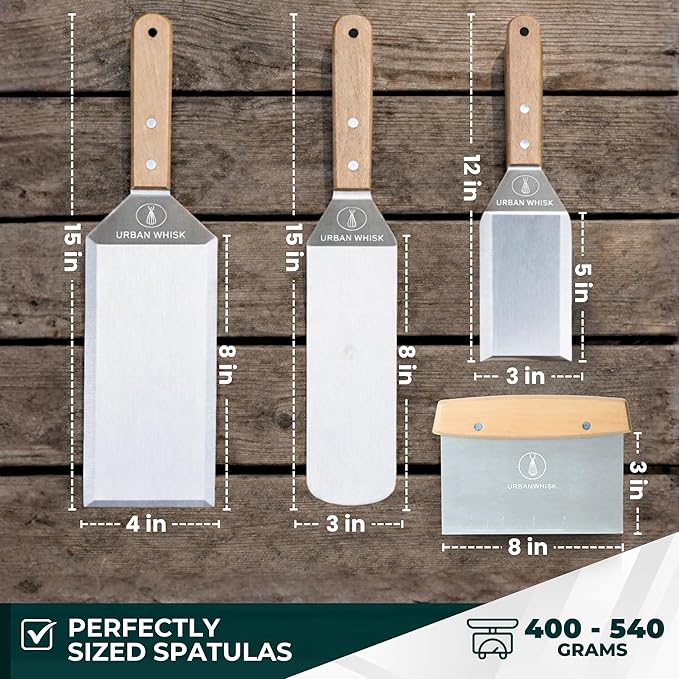 Griddle Spatula Set of 4 – Heavy Duty Stainless Steel Grill Spatula - Smash Burger Turner with Heat-Resistant Wooden Handle, Wide Beveled Edge Metal Spatulas for Flat Top, Cast Iron & BBQ
