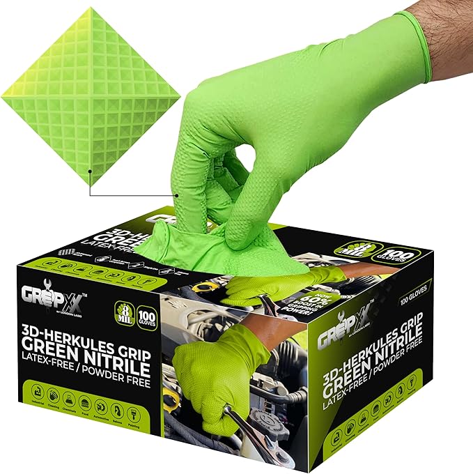 GRIPXX Herkules Grip Heavy Duty 8Mil Green Nitrile Gloves,3D Raised Diamond Texture-Latex & Powder Free-Industrial, Mechanic | Pack of (100 CT)
