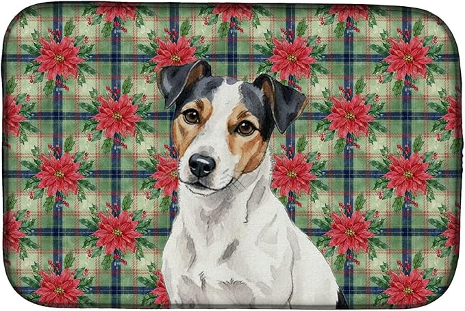 Caroline's Treasures White with Black Markings Russell Terrier Christmas PoinsettIas Dish Drying Mat Absorbent Dish Drying Mat Pad for Kitchen Counter Dish Drainer Mat for Countertop