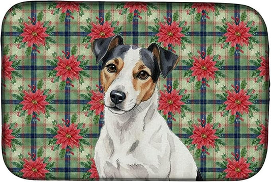 Caroline's Treasures White with Black Markings Russell Terrier Christmas PoinsettIas Dish Drying Mat Absorbent Dish Drying Mat Pad for Kitchen Counter Dish Drainer Mat for Countertop
