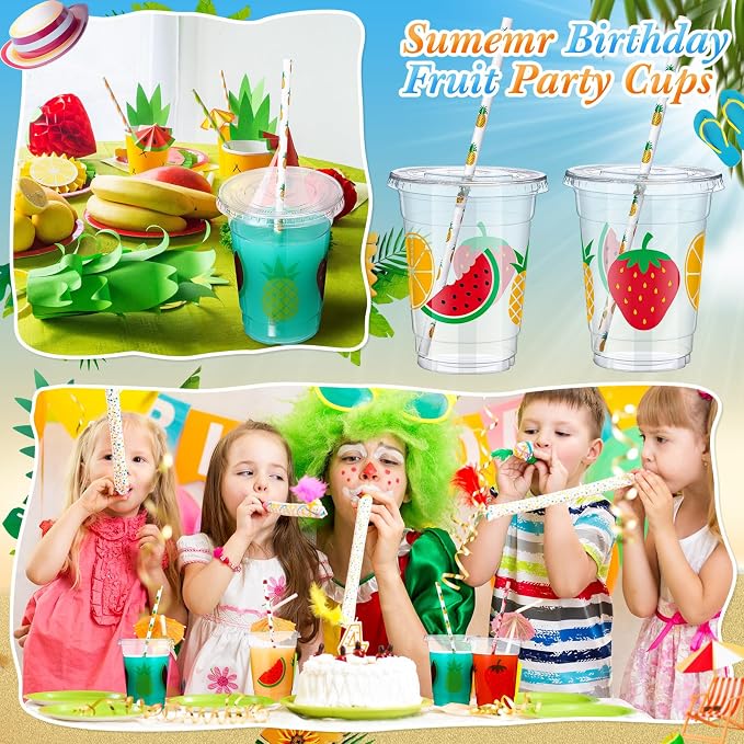 Blushtier 300 Pcs Fruit Disposable Plastic Cups with Lids and Straws 12oz Summer Party Favors Cups Fruit Disposable Clear Cups Summer Fruit Theme Party Supplies Favors