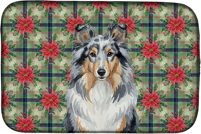 Caroline's Treasures Blue Merle Sheltie Christmas PoinsettIas Dish Drying Mat Absorbent Dish Drying Mat Pad for Kitchen Counter Dish Drainer Mat for Countertop, 14 x 21", Multicolor