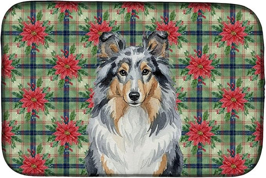 Caroline's Treasures Blue Merle Sheltie Christmas PoinsettIas Dish Drying Mat Absorbent Dish Drying Mat Pad for Kitchen Counter Dish Drainer Mat for Countertop, 14 x 21", Multicolor