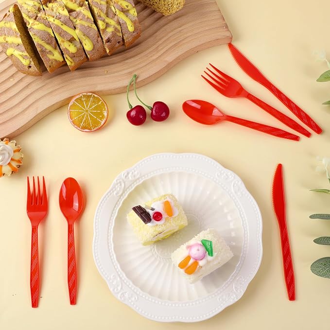 Kochorie 360 Pieces Red Plastic Cutlery Set Disposable Plastic Utensils Heavy Duty Flatware Set Include 120 Knives 120 Forks 120 Spoons for Wedding Birthday Party Supply
