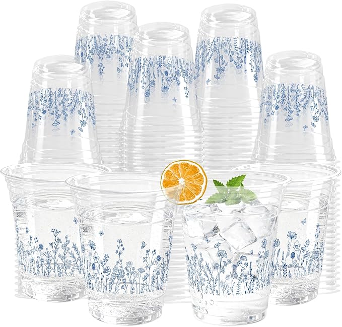 100 Pcs Blue Floral Plastic Cups Chinoiserie Disposable Plastic Cups 12 oz Spring Summer Wildflowers Clear Cups Wedding Birthday Baby Shower Party Supplies