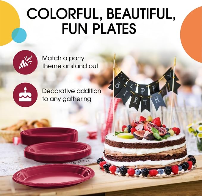 Exquisite Party Solids Burgundy Plates Disposable Burgundy Plastic Plates 100 Pieces - 50-7" & 50-9" Heavy Duty 350 GSM Disposable Dinnerware Sets, Plastic Dinnerware Sets