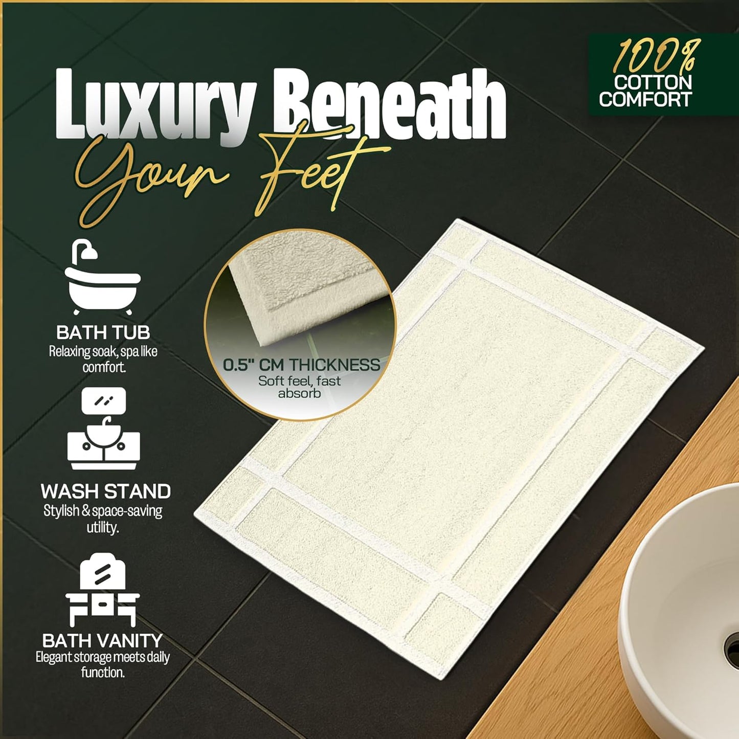 Pearl Linens Pack of 2 100% Cotton Bathmat 20x30 inches, Soft & Absorbent Quick Dry Bathroom Mat Set, Not Bathroom Rugs, After Shower Mat, Bath Tubmat, 687 GSM, Machine Washable, Ivory