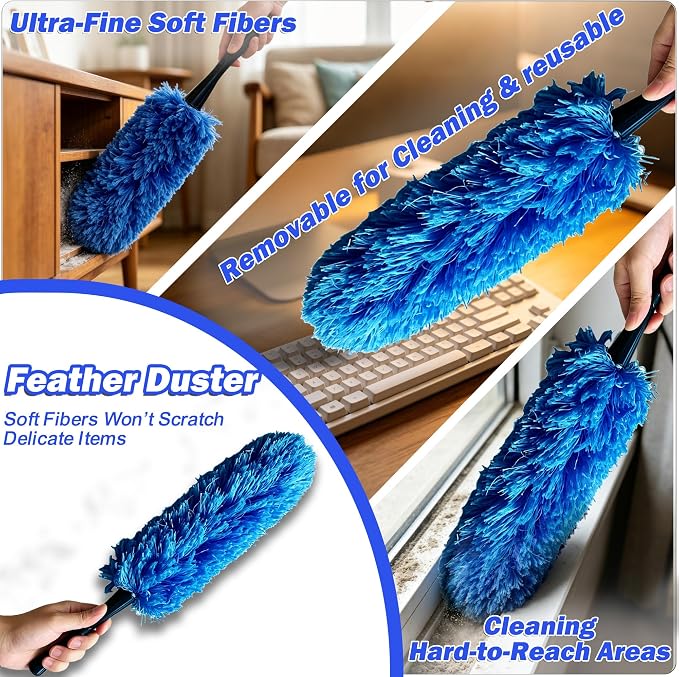 30T Reach Duster Kits, Window Cleaning kit with 5-24FT Telescoping Extension Pole, Cobweb Duster, Washable Fan Duster for Ceiling, Window Squeegee for Glass and Microfiber Feather Duster