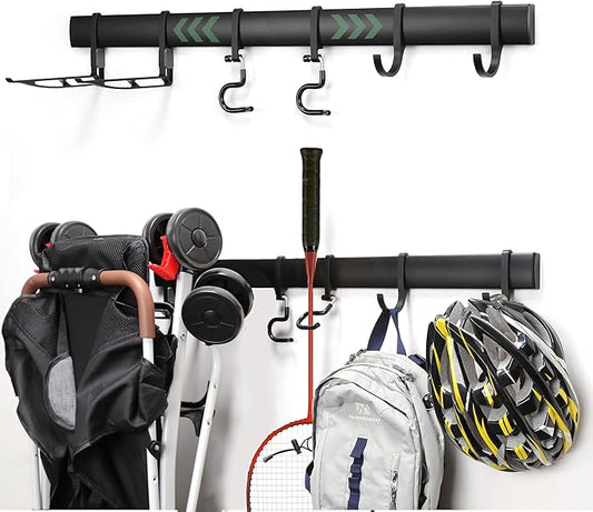 Wall-Mounted Rack With 6 Garage Hooks, Heavy-Duty Aerospace-Grade Aluminum Alloy Hooks Garage & Garden Storage for Shed, Workshop, or Home Organization – For Rakes, Shovels, Tools & More