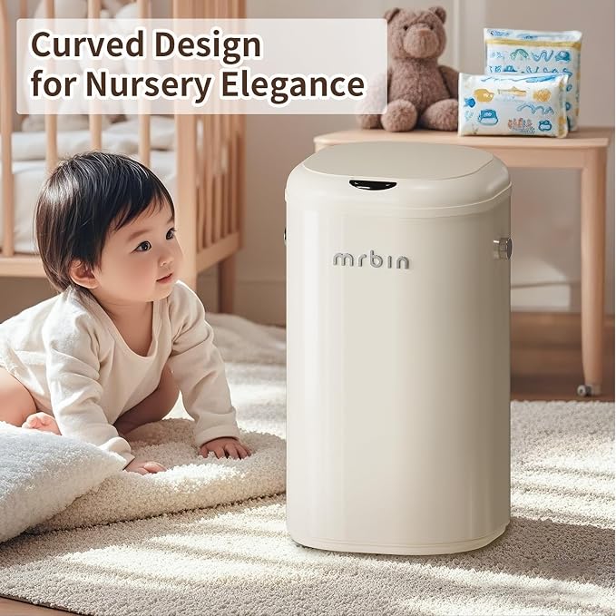MRBIN Metal Motion Sensor Adsorption Diaper Pail Refills with Lid, 8gal / 30L Covered Touchless Square Baby Adult Trash Can, Pet Litter Garbage Bucket for Nursery Bedside, Bathroom, Toilet, White
