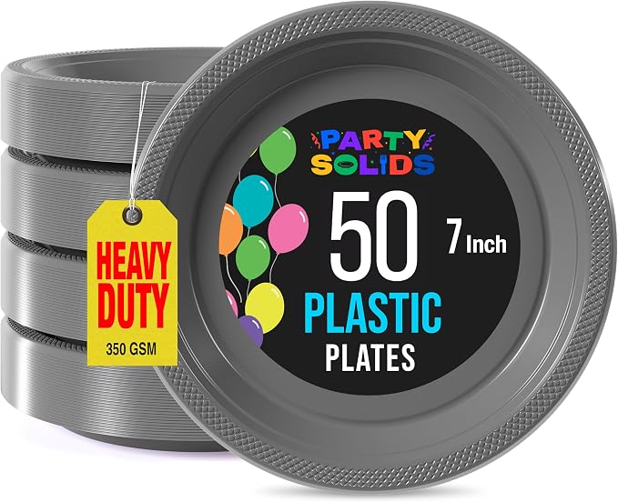 Exquisite Party Solids Silver Plastic Plates For Party Supplies 7" Silver Disposable Plates Heavy Duty 50 Pcs Plastic Dinnerware Sets Heavy Duty 350 GSM Disposable Dinnerware Set
