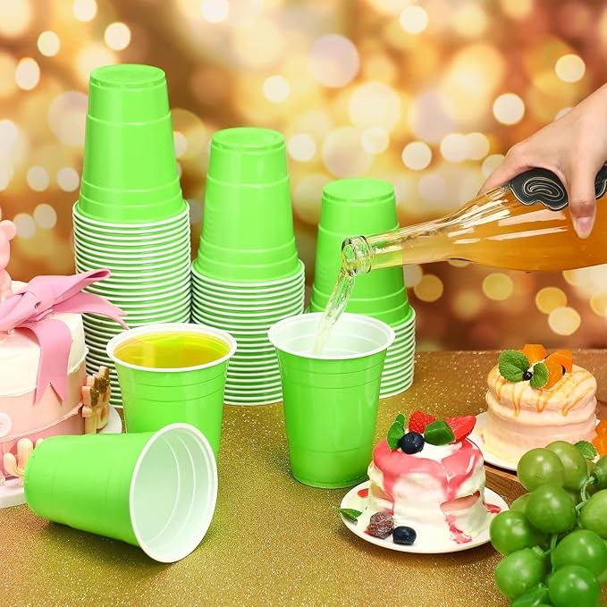 Lounsweer 100 Pcs 16 oz Disposable Party Cups Plastic Heavy Duty Drinking Water Cups for Birthday Baby Shower Wedding BBQ Picnic Party Supplies(Fluorescent Green)