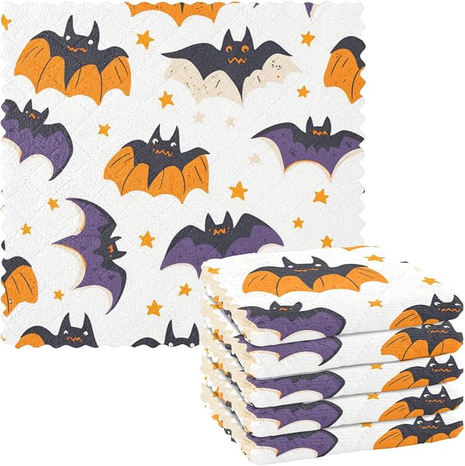 White Halloween Bats and Stars Kitchen Towels Dish Cloths Set of 6 Microfiber Cleaning Cloths for Cars Super Absorbent Machine