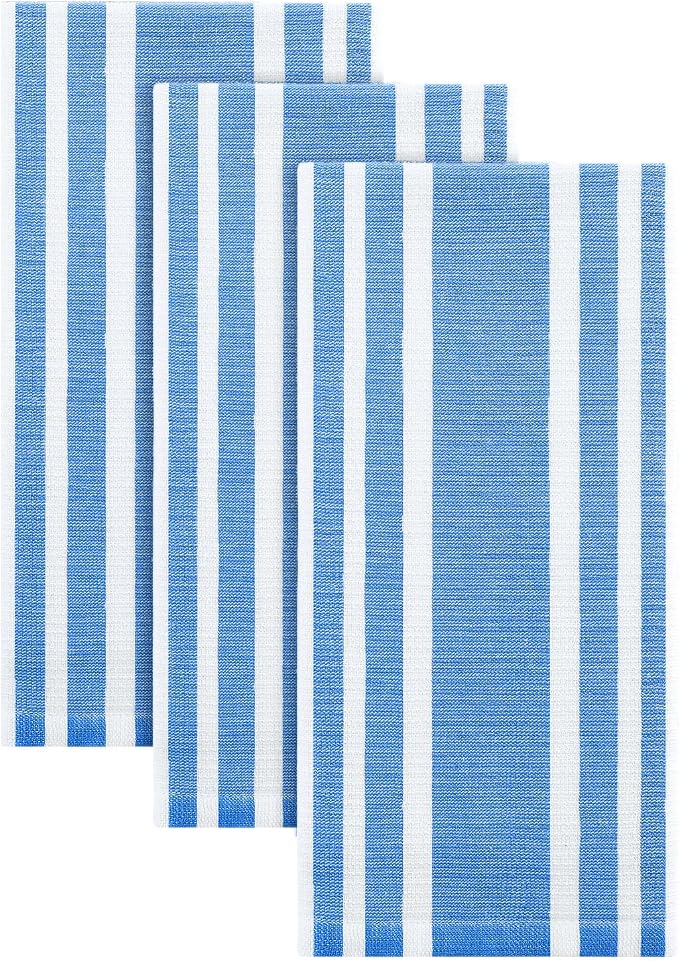 Homaxy Premium Kitchen Towels 18”x 28”, Large Cotton 380 GSM Kitchen Hand Towels, Stripe and Terry Dish Towel, Highly Absorbent Tea Towel Set with Hanging Loop, 3 Pack, Blueberry