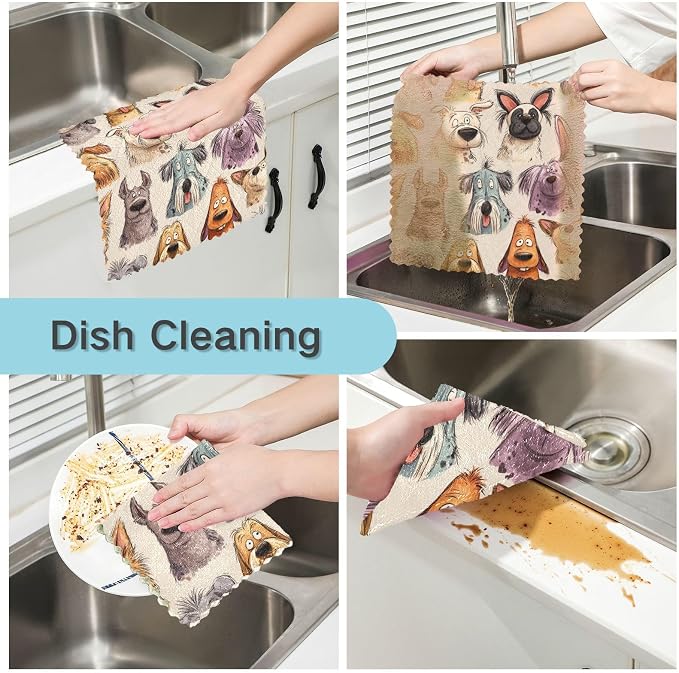 Beige Cartoon Pet Dogs Kitchen Towels Dish Cloths Set of 6 Microfiber Cleaning Cloths for Cars Super Absorbent Machine