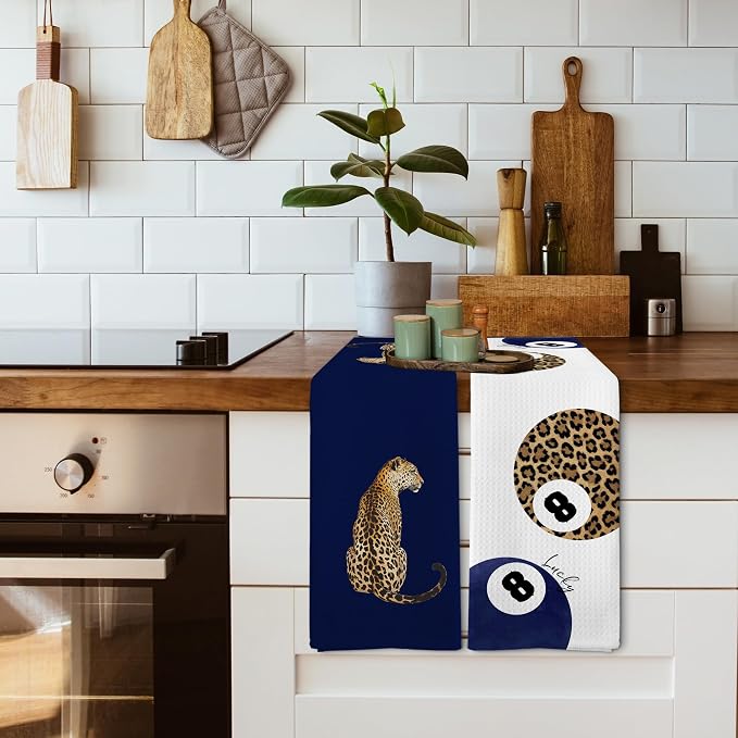 Trendy Leopard Cheetah Print Poker Lucky 8 Ball Bathroom Decor, Preppy Navy Blue Leopard Decor Dish Hand Towels for Bathroom Kitchen Sets of 2, Cheetah Kitchen Towels and Dishcloths,16x24
