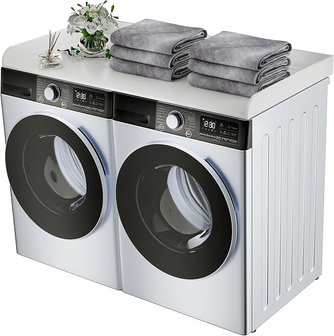 FlyGeneral Washer and Dryer Countertop, 54" Width x 27.5" Deep, White | Laundry Folding Surface for Clothes, Quick Install Design, Raised Edge Prevents Items Falling, Fits Front Load Washer Dryer