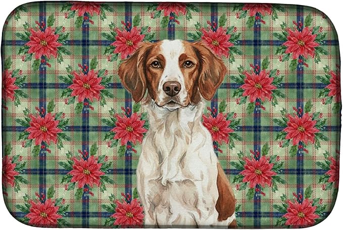 Caroline's Treasures Liver and White Brittany Christmas PoinsettIas Dish Drying Mat Absorbent Dish Drying Mat Pad for Kitchen Counter Dish Drainer Mat for Countertop, 14 x 21", Multicolor