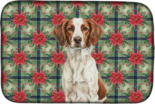 Caroline's Treasures Liver and White Brittany Christmas PoinsettIas Dish Drying Mat Absorbent Dish Drying Mat Pad for Kitchen Counter Dish Drainer Mat for Countertop, 14 x 21", Multicolor