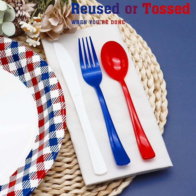 153Pcs Red White and Blue Plastic Silverware, 4th of July Silverware, Red White Blue Utensils Set Includes Spoons, Forks and Knives for 4th of July, World Cup, BBQs & Picnics