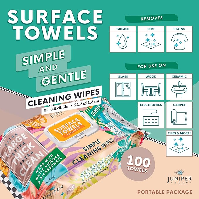Juniper CLEAN 6 Packs Surface Cleaning Wipes Bleach Free, Thick & Large Dispose, All-Purpose Cleaner for Bathroom, Kitchen, Office, 600 Count Soft Flow, Biodegradable, Citrus Scent