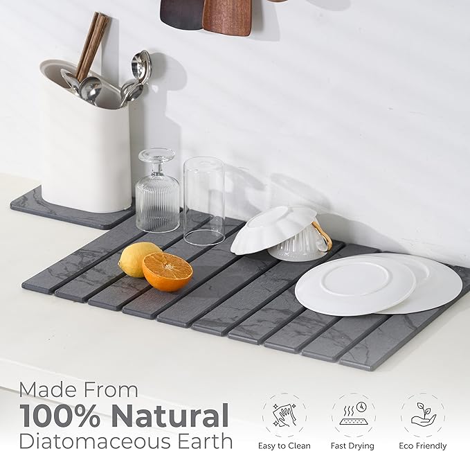 Large Stone Dish Drying Mat for Kitchen Counter, Quick Dry Stones Dishes Mats,Stone Drying Mat for Kitchen Counter, Water Absorbing Diatomaceous Earth Drying Mat (Dark Gray 24"×16" & 8"x4")