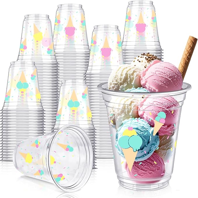 Uiifan 50 Pcs Ice Cream Party Supplies 12 oz Sprinkle Ice Cream Cups Bulk Summer Birthday Party Decorations Disposable Clear Plastic Drinking Cups for Sundae Milkshake Cold Food Soup Candies Summer