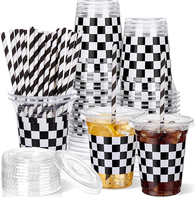 Domensi 25 Sets Checkered Plastic Cups with Lids and Paper Straws 12oz Black and White Disposable Drinking Cups Bulk for Cold Drinks Baby Shower Wedding Race Car Theme Birthday Party Supplies
