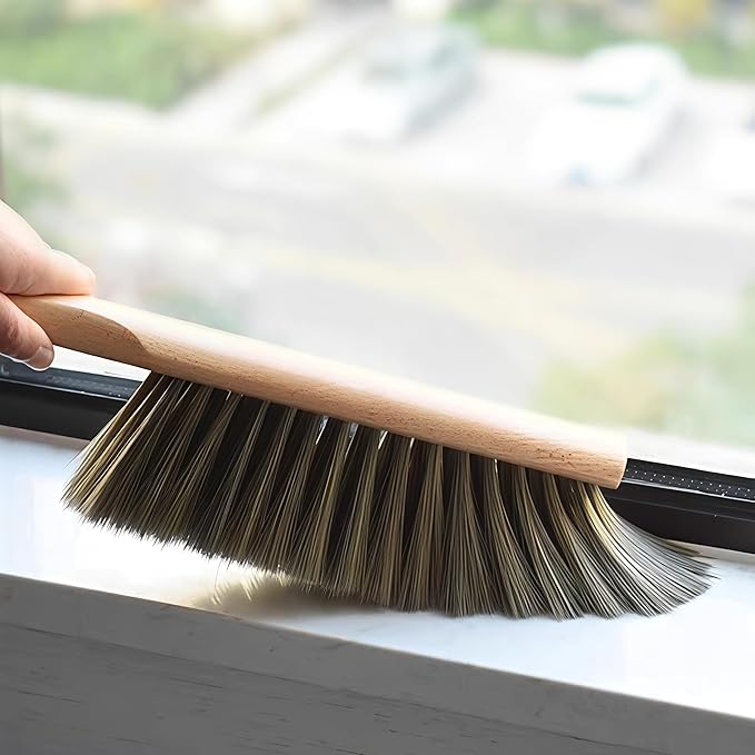 Soft Bristle Hand Brush Wood Handle for Bench Counter Shop 14" Gray | Foxtail dust brush for upholstery furniture cushion sofa bed and beach sand, Natural handheld broom for dustpan, Non-scratch