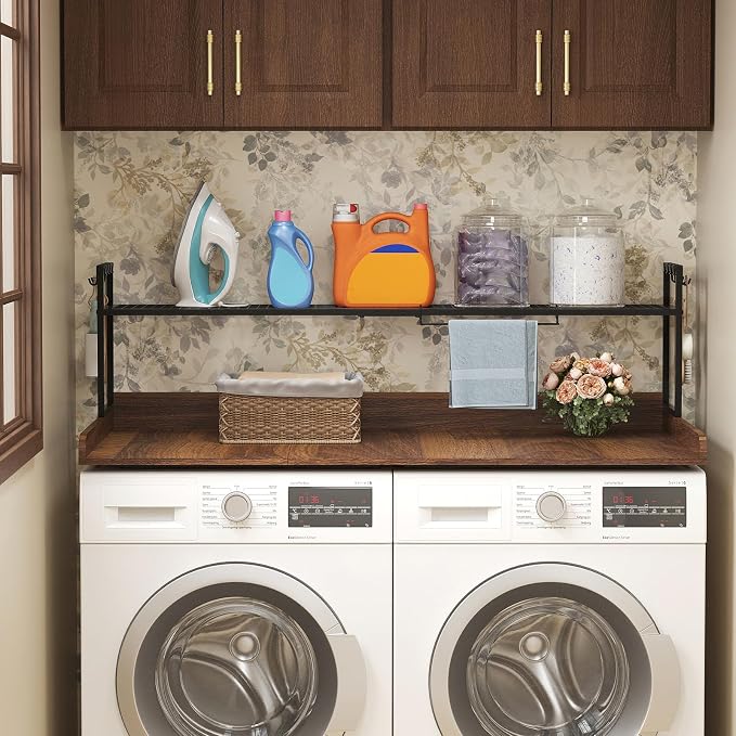 Lifewit Washer Dryer Countertop with Adjustable Shelf, Melamine Cover for The Top with Edge Rails, Towel Rack for Laundry Room Storage and Organization, Hold 200lbs, Walnut, 54" x 27.5"