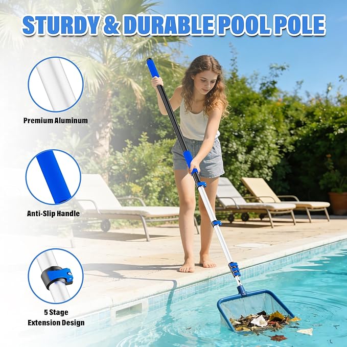 5-20 FT Telescopic Pool Pole, Aluminum Alloy Extension Pole with Flip-Lock & Screw Lock, Adjustable Pool Pole for Skimmer Nets, Brushes & Vacuum Heads