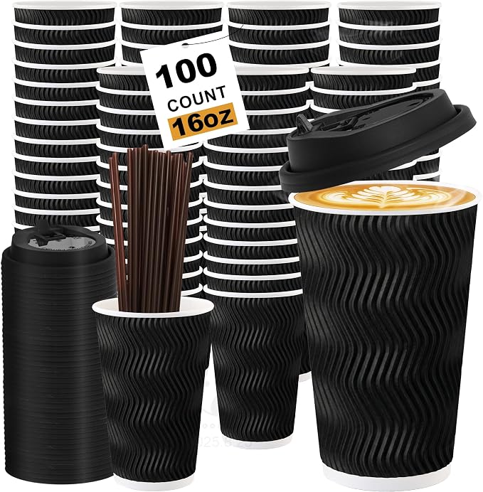 16 oz 100 Pack Corrugated Ripple Wall Disposable Coffee Cups with Lids and Straws, Heavy Duty Insulated Cups for Hot Beverage or Cold Drinks, Bulk for Restaurants, Offices, Coffee Shops(Black)