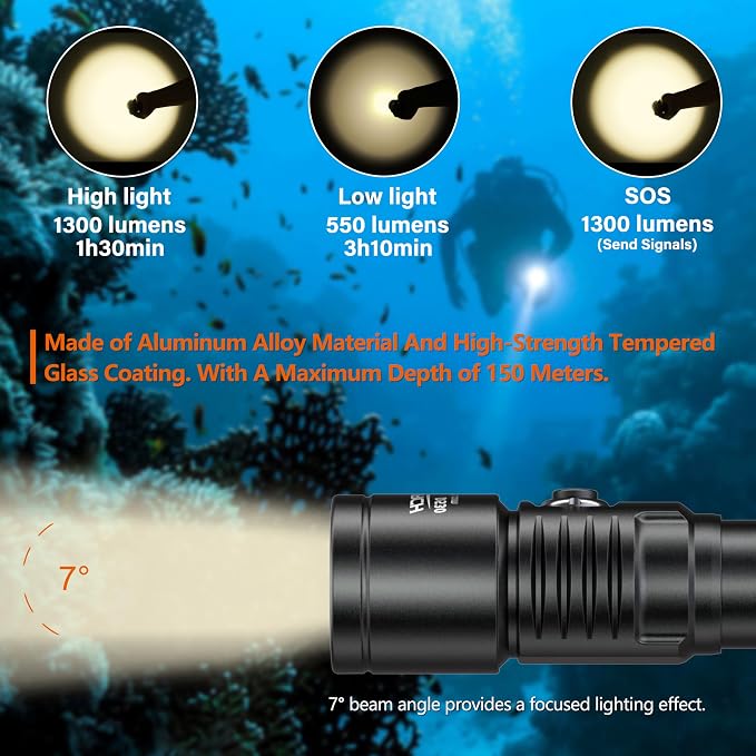 ORCATORCH D530 Scuba Dive Light 1300 Lumens, Titanium Alloy Diving Flashlight with Waterproof IP68, Diving Flashlight 3 Lighting Modes for Underwater 150m Diving (5000K Warm White Light