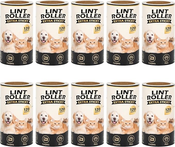 Extra Sticky Lint Roller Refills Only (No Handle Included), 10 Pack – 1200 Sheets Total, Pet Hair Remover Refills for Clothes, Furniture & Couch, Dog & Cat Hair, Animal Fur & Lint, Easy-Tear Sheets