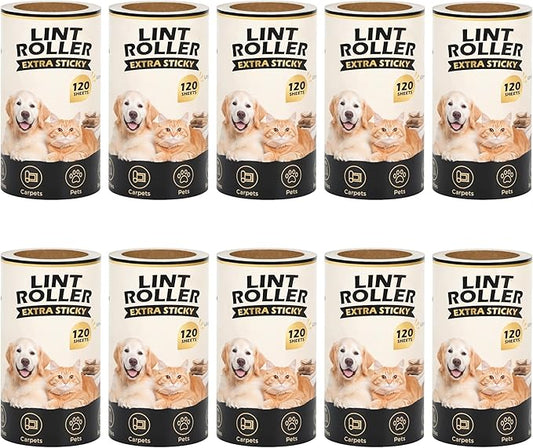 Extra Sticky Lint Roller Refills Only (No Handle Included), 10 Pack – 1200 Sheets Total, Pet Hair Remover Refills for Clothes, Furniture & Couch, Dog & Cat Hair, Animal Fur & Lint, Easy-Tear Sheets