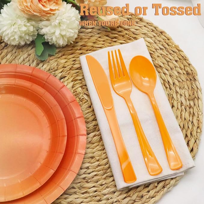 150 Pcs Orange Plastic Silverware, Orange Plastic Cutlery Disposable Includes 50 Forks, 50 Spoons, 50 Knives for Baby Shower, Birthday, Party, Holiday