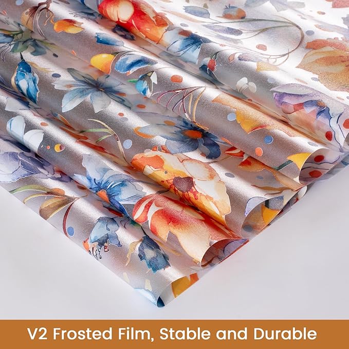 DKTIE Retro Floral Pattern Stained Glass Window Film Two-Way Privacy Day and Night Decorative Window Film Static Cling UV2 Print Technology (S647, 17.7in X 78.7in)