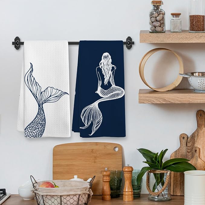 Coastal Mermaid Beach Decor Dish Hand Tea Towels for Bathroom Kitchen, Mermaid Ocean Beachy Bathroom Decor Gifts for Women, Navy Blue Nautical Kitchen Towels and Dishcloths Sets of 2, 16x24in