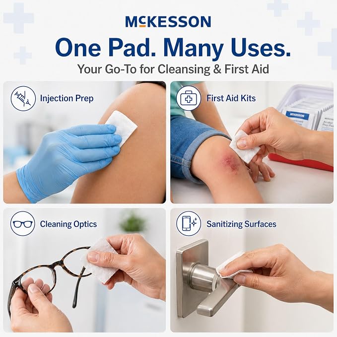 McKesson Alcohol Prep Pads, (200 Count) - Sterile, Individually Wrapped Wipes, 70% Isopropyl Alcohol, Medium Size, 2-Ply, Medical Grade, First Aid, 1 Box
