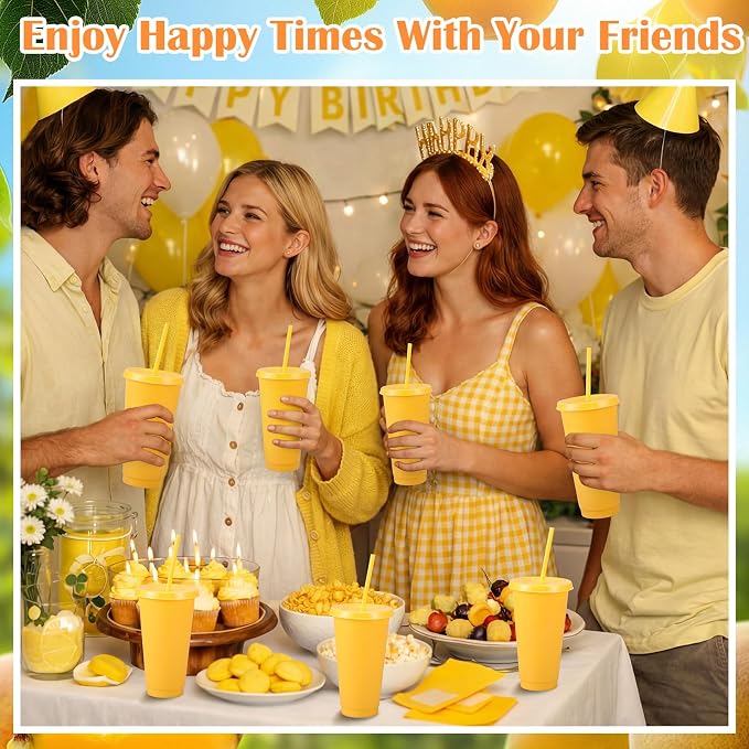 Honeydak 30 Pack Tumbler with Straw and Lid Bulk Cups for Gifts Water Bottle Iced Coffee Travel Mug Cup Reusable Plastic Tumblers for Party Birthdays 24-27 oz (Yellow Color)