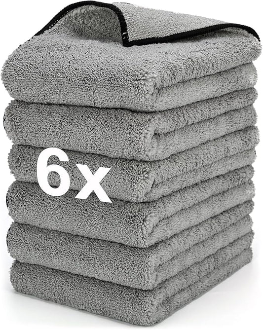 Microfiber Towels Gray for Cars - 6 Pack, High & Short Pile Micro Fiber Cleaning Cloth for Car Washing Drying & Auto Detailing, Water Absorption Lint Free & Non-Streak
