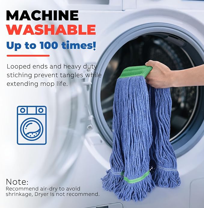 Onesimus 24 oz Heavy Duty Mop Head Replacement, 5 Inch Headband for Quick Change Handle, Blue Loop-End Cotton Blend String Wet Dry Floor Mop Refill, Large Size, Case Pack of 12 Pcs