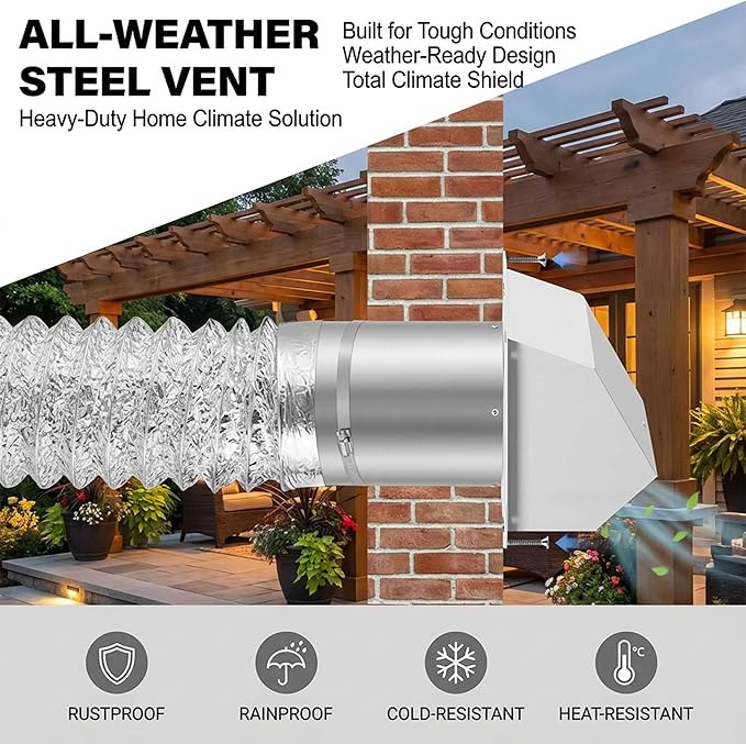 6 Vent Hood Wall Exhaust with Damper 6 Inch Hooded Wall Vent Cover with Screen and Damper, Galvanized Steel Dryer Vent Cover for Range Hood Kitchen Air Ventilation
